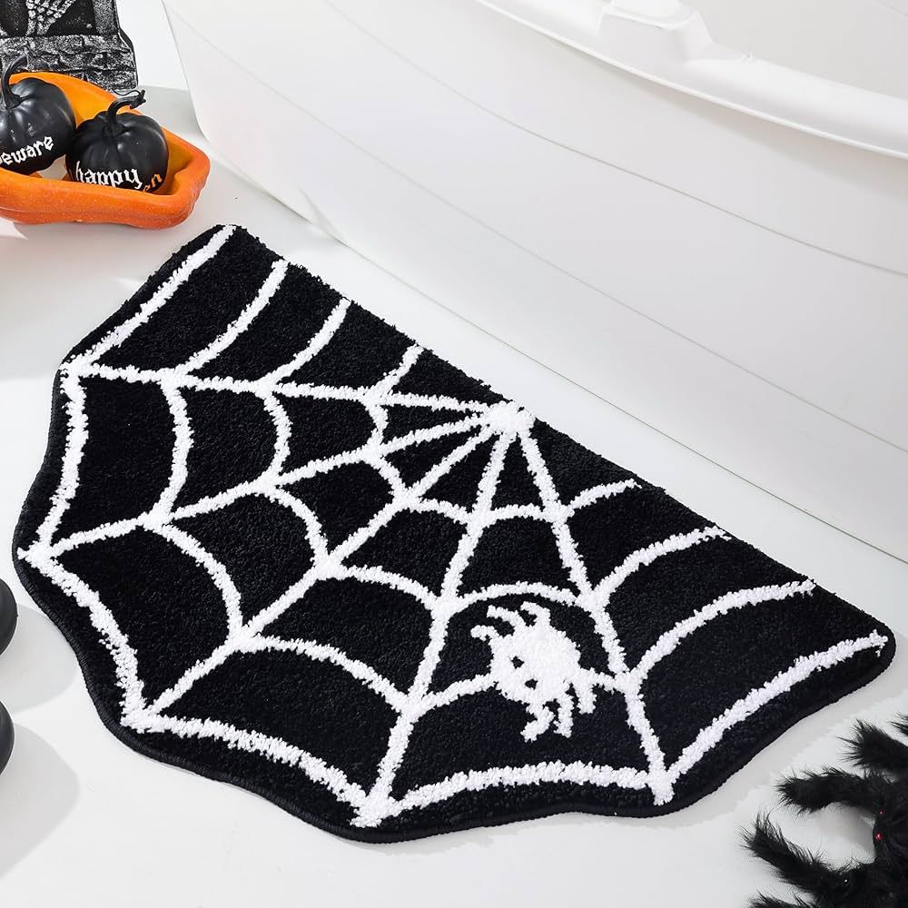 TRUEDAYS Halloween Spider Web Bath Mat for Bathroom, Gothic Cute Black White Half Circle Bath Mat No | Amazon (US)