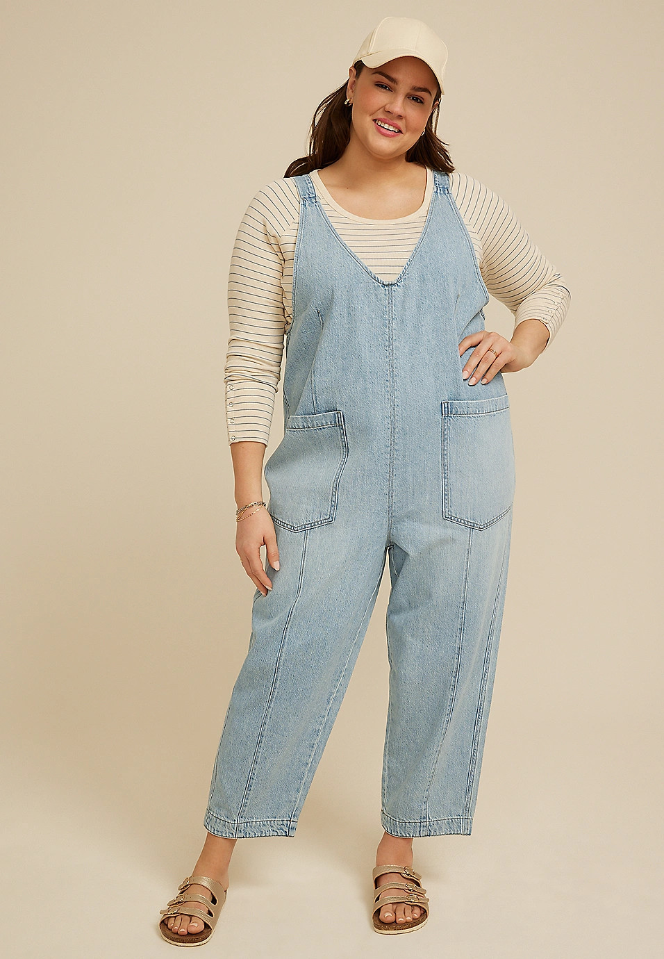 Plus Size Scoop Neck Denim Overalls | Maurices