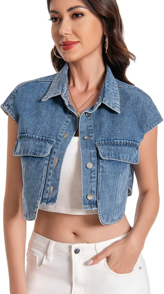 Women Cropped Denim Shirt Summer Jean Stylish Button Down Collared Cute Sleeveless Top with Pocke... | Amazon (US)