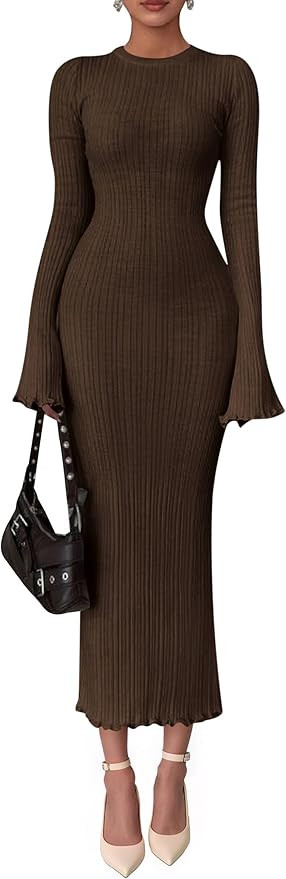 PRETTYGARDEN Sweater Dresses for Women 2026 Fall Bell Long Sleeve Crew Neck Bodycon Maxi Dress Wi... | Amazon (US)