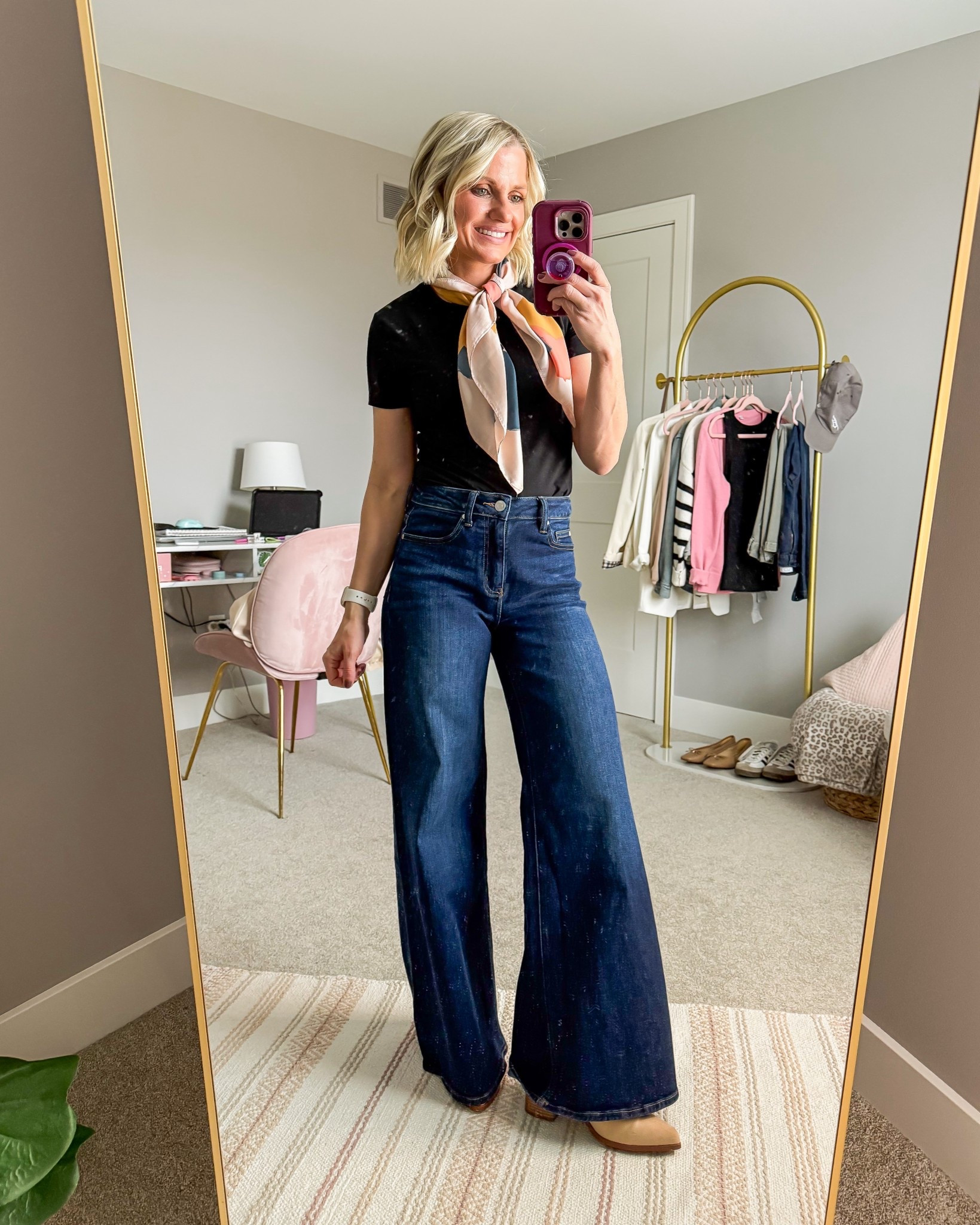 Palazzo jeans styled with a t-shirt and banana scarf. Such a cute look for spring! 
T-shirt- small
Jeans- 25


#LTKSeasonal #LTKPetite #LTKOver40