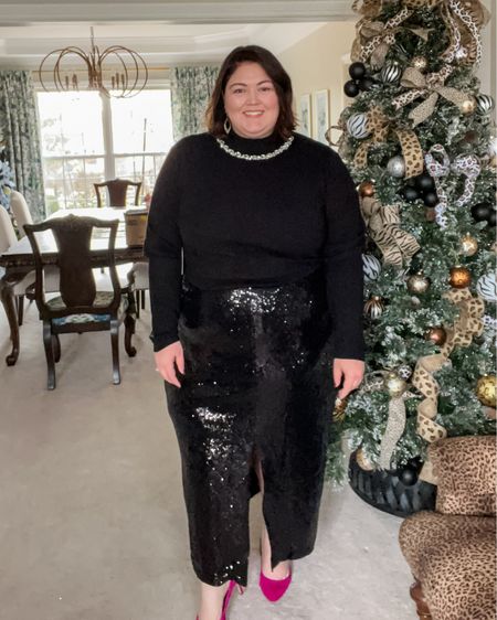 Love this plus size holiday outfit option, up to size 30/32. Jewel neck sweater and a maxi sequin skirt. Both on major sale - skirt currently less than $40  

#LTKHoliday #LTKover40 #LTKplussize