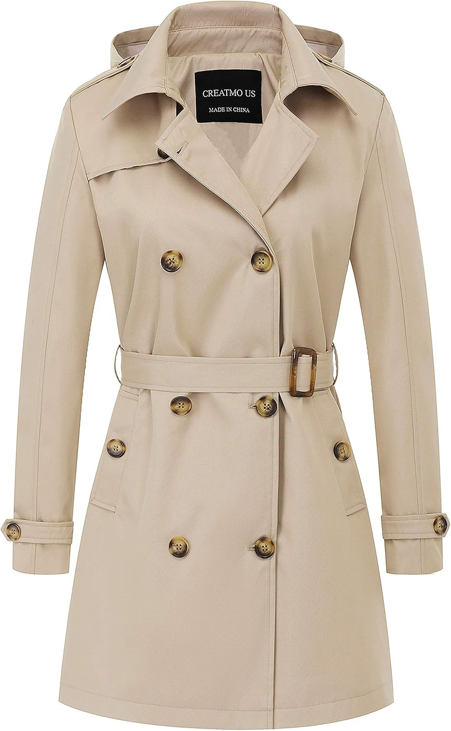 CREATMO US Women's Trench Coat Double-Breasted Classic Lapel Overcoat Belted Slim Outerwear Coat with Detachable Hood | Amazon (US)