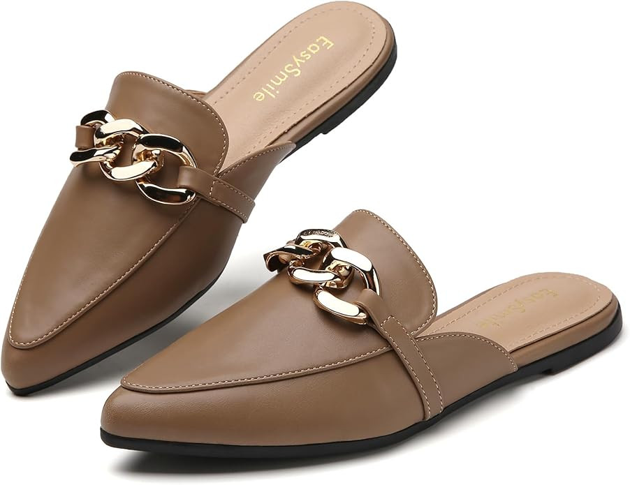 Metal Chain Decor Flat Mules for Women Closed Pointed Toe Slip on Loafers Slides Backless Mules S... | Amazon (US)