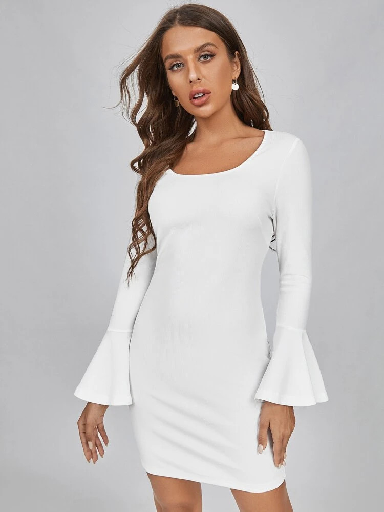 SHEIN Scoop Neck Flounce Sleeve Bodycon Dress | SHEIN