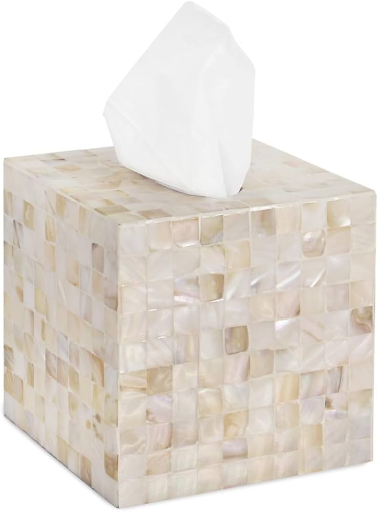 PEMAR 5.9” Cube Mother of Pearl Tissue Box Cover, Decorative Napkin Dispenser Organizer, Rustic... | Amazon (US)