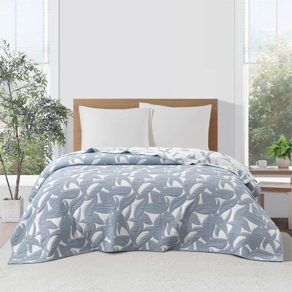 Mainstays Iris Leaf Stitched Quilt, Full/Queen, Light Blue, Reversible Lightweight Bedding | Walmart (US)