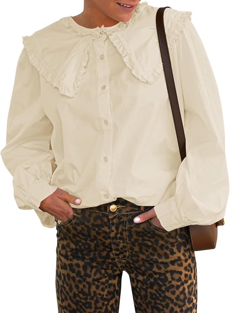 Tankaneo Womens Button Down Shirts Cotton Puff Sleeve Babydoll Blouse Fall Casual Doll Collar Top... | Amazon (US)