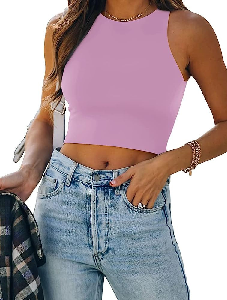 REORIA Women’s Sexy Sleeveless Racer Back Tank Tops Halter Neck Crop Tops | Amazon (US)
