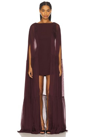 LA FUORI Coralia Gathered Cape Dress in Bordeaux from Revolve.com | Revolve Clothing (Global)