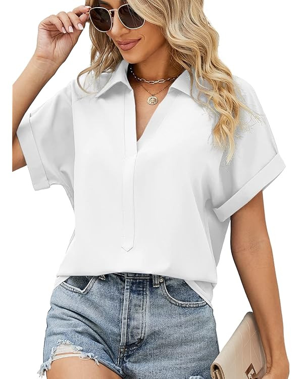 XISEZIUO Womens Summer Tops Dressy Casual Short Sleeve Blouses Business V Neck Work T Shirts | Amazon (US)