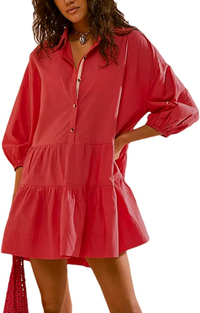 Zontroldy Women's Oversized Casual Collared Babydoll Mini Dresses Puff Sleeve A-line Tiered Shirt... | Amazon (US)