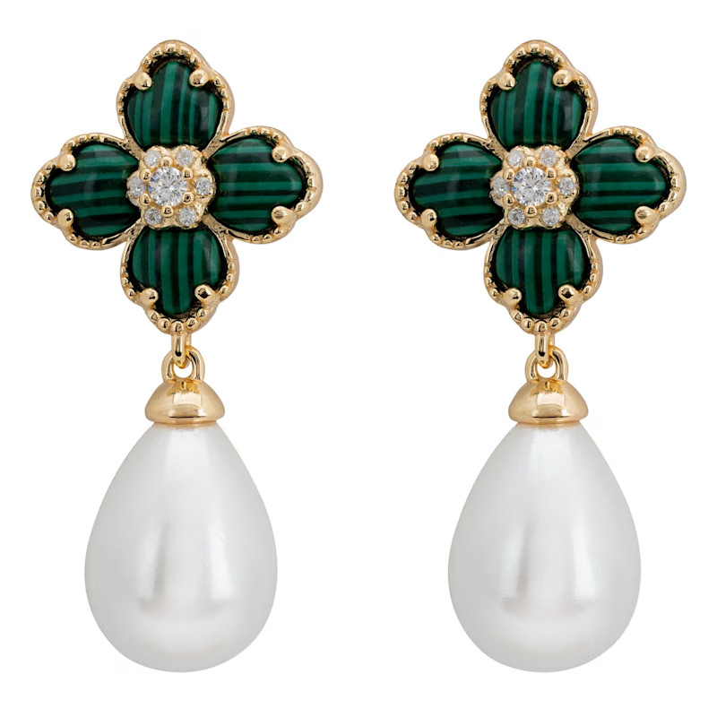 Flower Clover Pearl Drop Earrings Malachite Gold | Wolf & Badger