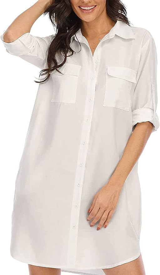 LUSMAY Women's Long Sleeve V Neck Button Down Shirt Dresses Casual Summer Dress with Pocket | Amazon (US)
