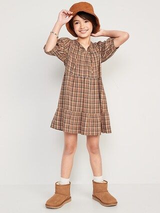 Puff-Sleeve Tiered Plaid Tie-Front Dress for Girls | Old Navy (US)