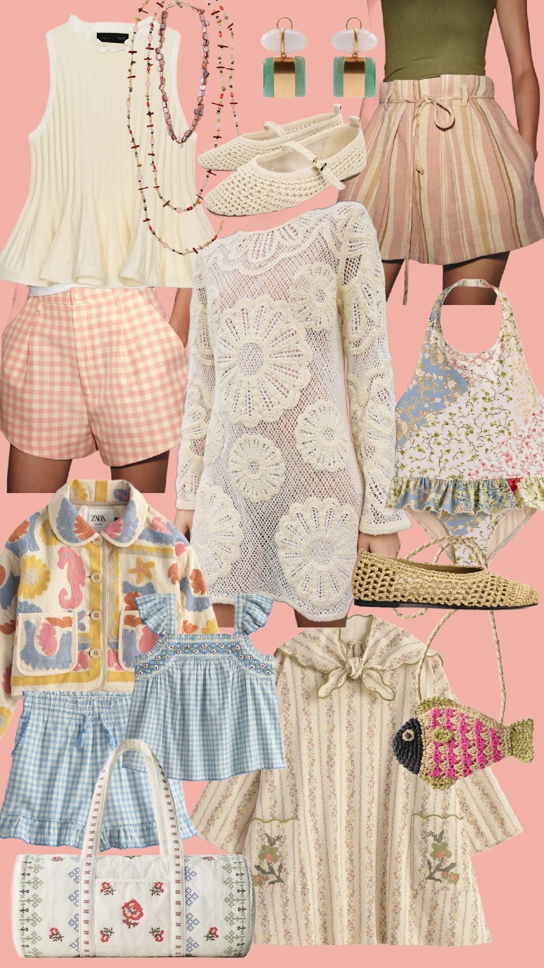 ZARA SUMMER FINDS 🌸🤍 (the prettiest mix of texture, stripes & heirloom-inspired pieces)

If you love a soft, feminine, grandmillennial moment… this Zara drop is so good. Think delicate crochet, vintage-inspired florals, and the sweetest little sets for summer days, beach trips, and everything in between. Saving every single piece 🤍✨

Shop all my Zara favorites below ↓

PRODUCT DETAILS:
• Cream pleated sleeveless blouse
• Pink gingham tailored shorts
• Crochet floral long sleeve mini dress (statement piece 🤍)
• Striped linen tie-waist shorts
• Green fitted tank top
• Geometric statement earrings (green + gold)
• Woven mesh ballet flats
• Crochet Mary Jane flats (neutral)
• Embroidered hooded jacket with floral detailing
• Multicolor patchwork jacket with contrast trim
• Blue gingham smocked romper
• Crochet fish crossbody bag
• Quilted floral weekender / duffle bag
• Striped bikini set (top + high-waisted bottoms)
• Patchwork floral one-piece swimsuit

Everything feels like a modern take on vintage—perfect for that effortless, collected-over-time look 🌿

#LTKStyle #LTKFinds #LTKSeasonal #ZaraFinds #ZaraSummer #GrandmillennialStyle #CoastalStyle #FeminineStyle #ClassicStyle #SummerOutfits #BeachStyle #ResortWear #VintageInspired #ChicStyle #MomStyle #EffortlessStyle #NeutralStyle #SoftAesthetic #CapsuleWardrobe #SummerWardrobe @Zara 