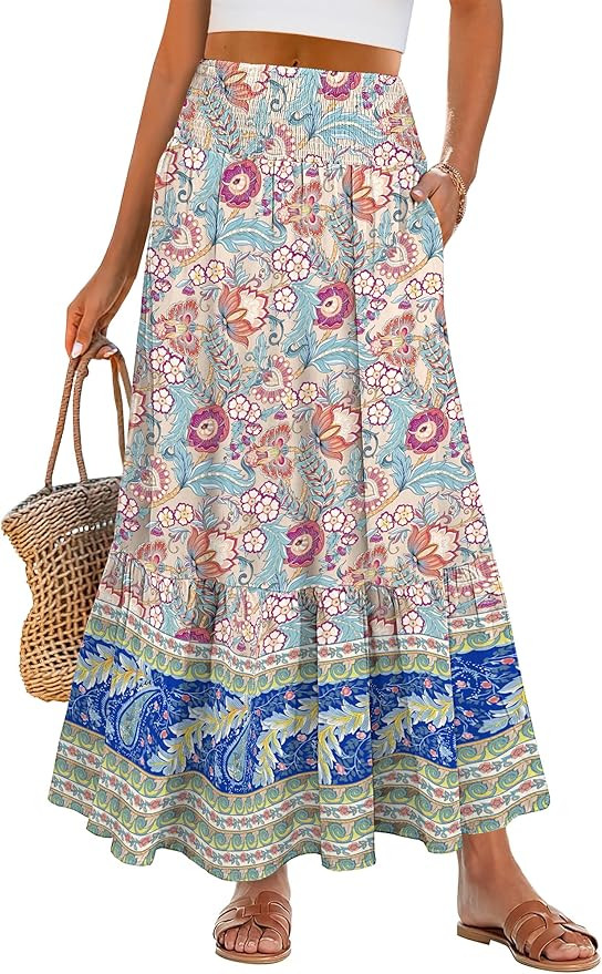 ANRABESS Maxi Skirts for Women 2026 Summer Boho Long Flowy Floral Elastic High Waist Skirt Casual... | Amazon (US)