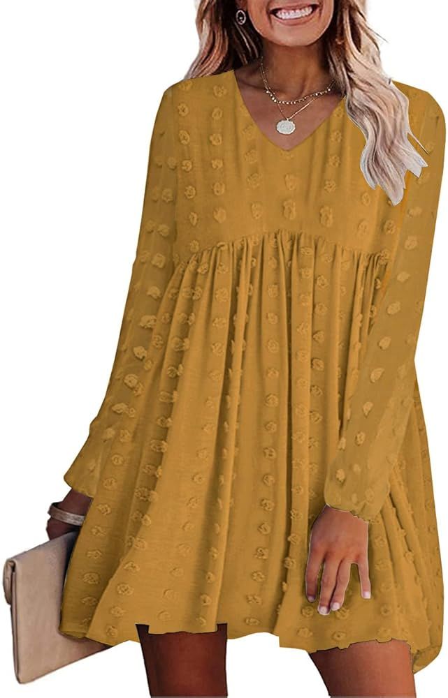KIRUNDO Women‘s Dresses Long Sleeves Short Mini Dress V Neck Flowy Casual Swiss Dot Loose Fit Babydo | Amazon (US)