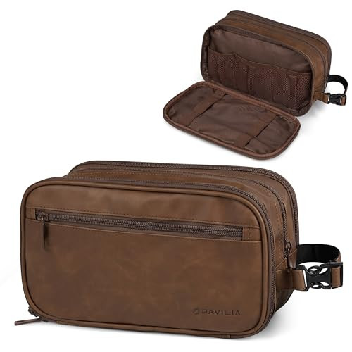 PAVILIA Toiletry Bag for Men, Travel Toiletries Bag | Water-resistant Dopp Kit, PU Leather Shaving Pouch Organizer for Accessories, Cosmetic, Hygiene, Grooming Essentials (Brown) | Amazon (US)