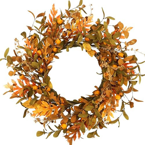 WreathDream 20'' Fall Wreath Autumn Wreath for Front Door with Small Pumpkins and Oak Leaves for Thanksgiving Halloween Home Outdoor Farmhouse Porch Wall Window Decoration,Brown Gift Box Included | Amazon (US)