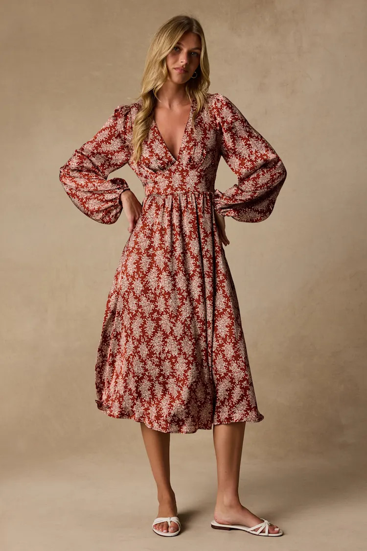 Graceful Impression Rust Red Floral Print Midi Dress | Lulus