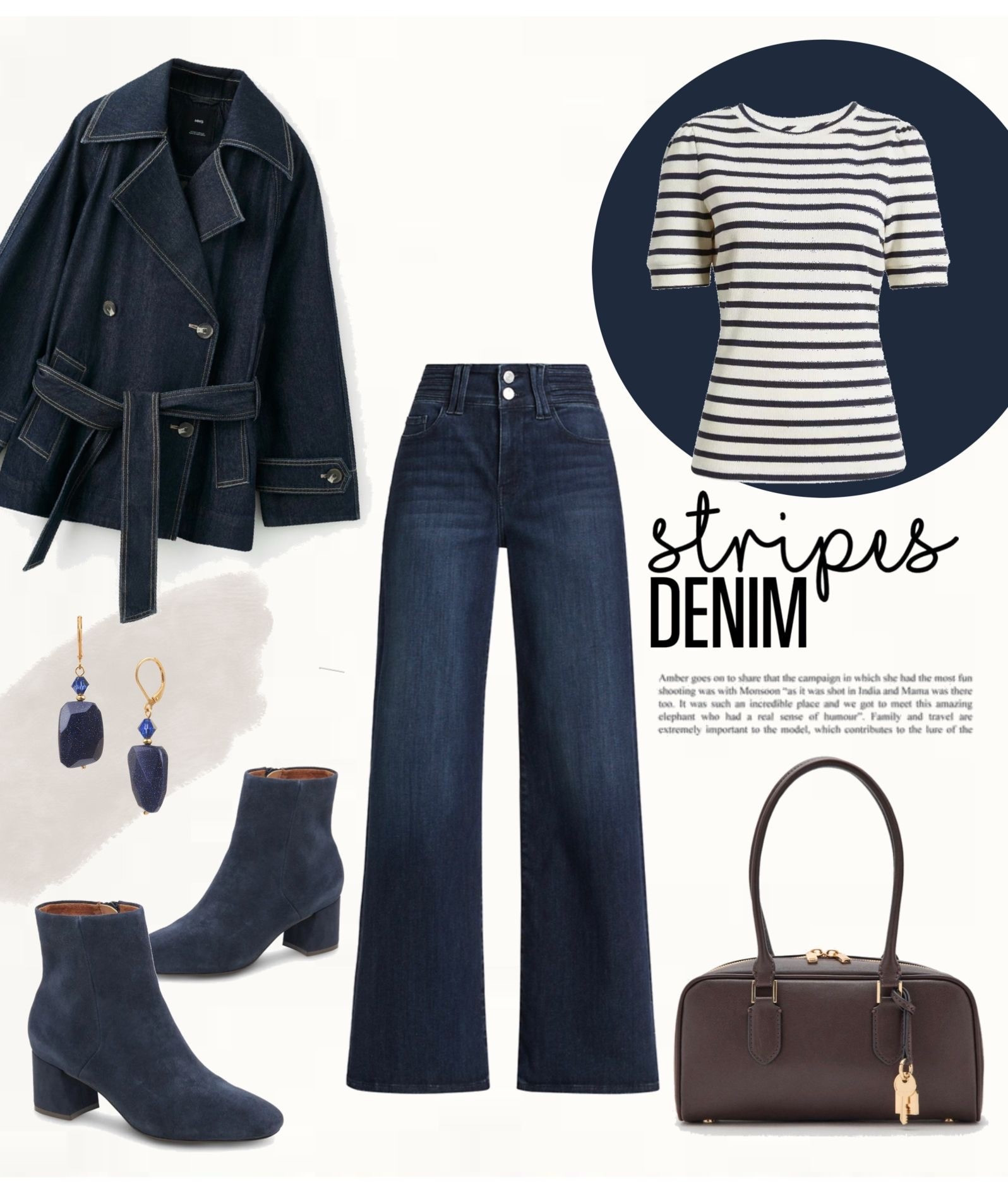 Classic everyday outfit with a short-sleeve ivory and navy striped top, dark blue wide-leg jeans, and a dark denim belted jacket. Finished with navy suede ankle boots, a brown structured leather handbag, and navy and gold statement earrings for a timeless stripes-and-denim combination.

#stripedtop #denimstyle #effortlessoutfits

#LTKSeasonal #LTKootd #LTKOver40