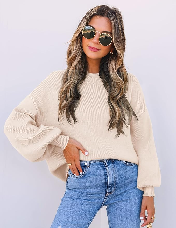 ZESICA Women's Casual Turtleneck Long Lantern Sleeve Oversized Ribbed Knit Pullover Sweater Jumpe... | Amazon (US)