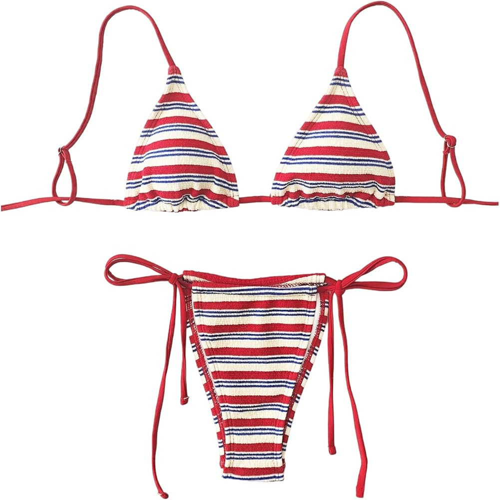 GORGLITTER Women's Triangle Bow Bikini Sets Striped High Waisted String Thong Swimsuit Summer Bat... | Amazon (US)