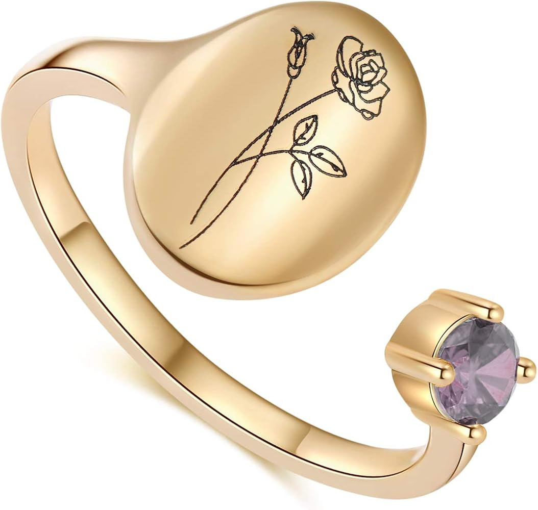 SLOONG Handmade Birth Month Flower Signet Ring 14K Gold Plated Ring Birth Stone Ring Birthday Val... | Amazon (US)