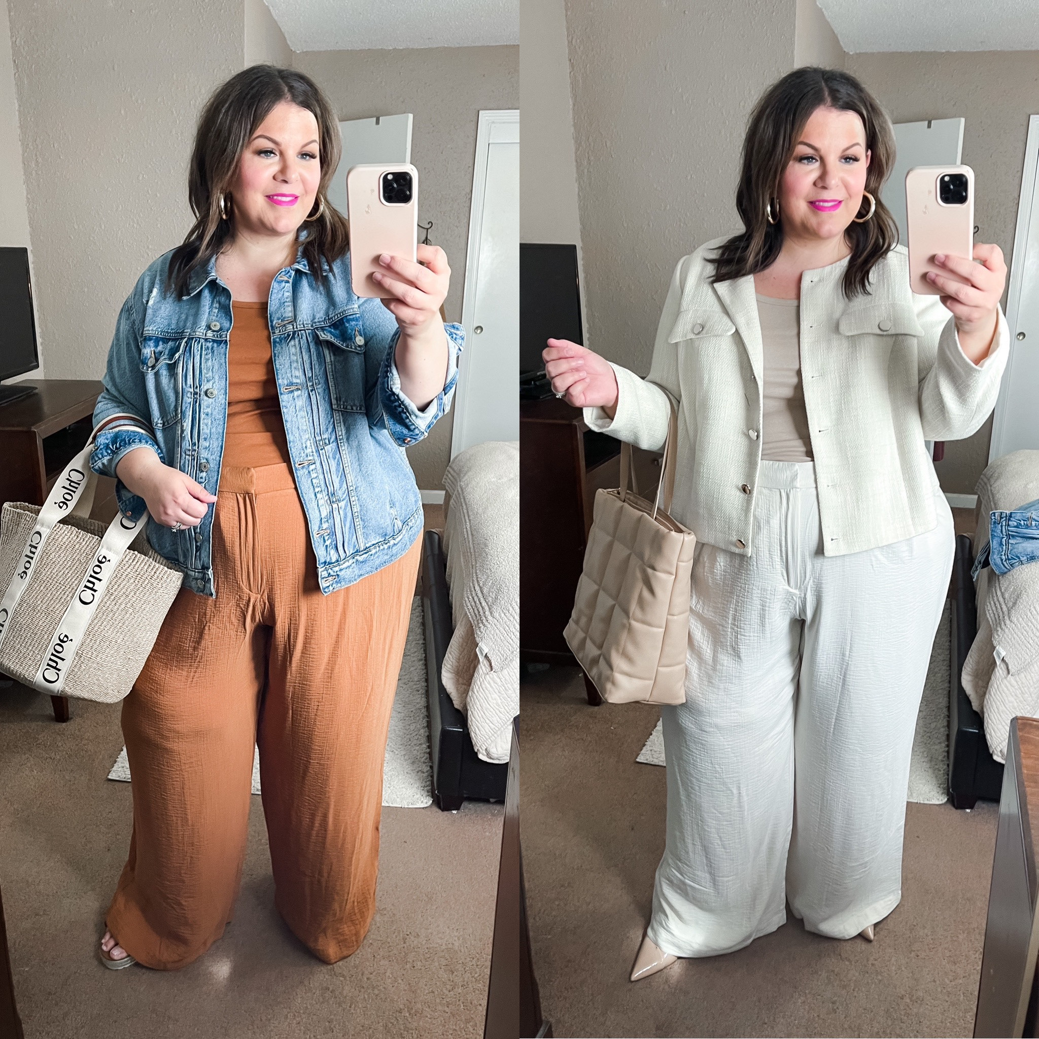Restock alert! These plus size wide leg trousers from Target have restocked in several sizes in brown and cream. Wearing a size 26 but need to go down to a 24 - fit true to size but elastic in waist gives some stretch. 
Denim jacket - 3X
Boucle jacket - 24
Tanks - XXL

#LTKcurves #LTKunder50 #LTKworkwear