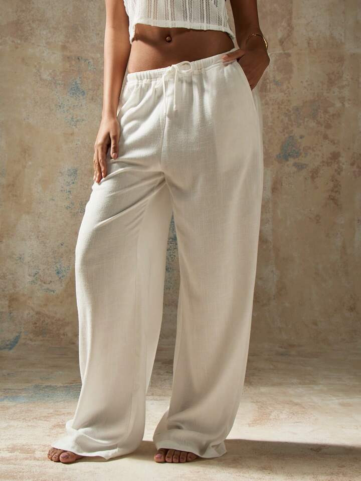 MISSGUIDED Luxury Resort Beach Palazzo Pants Flowing Wide Leg Linen Blend Lounge Trousers Elastic Waist Summer Vacation Airy Poolside Cover Up Pants | SHEIN