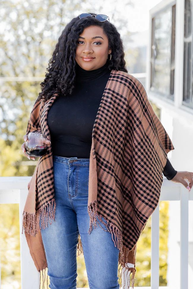 All The Answers Black And Tan Plaid Poncho | Pink Lily