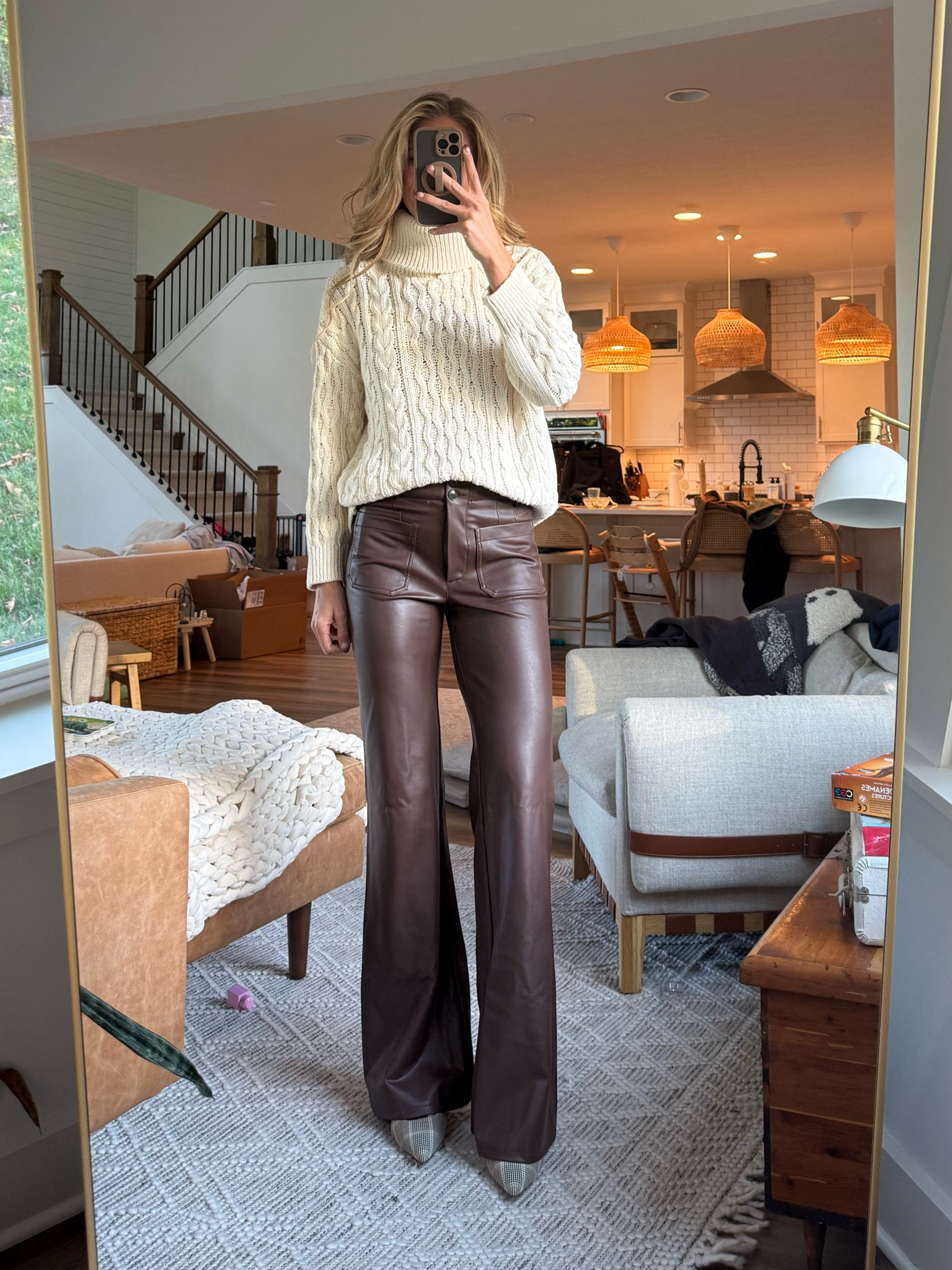Fall outfit from Anthropologie 
Wearing a small in sweater and 27 long in the pants. They have a stretch to them! Both run tts 