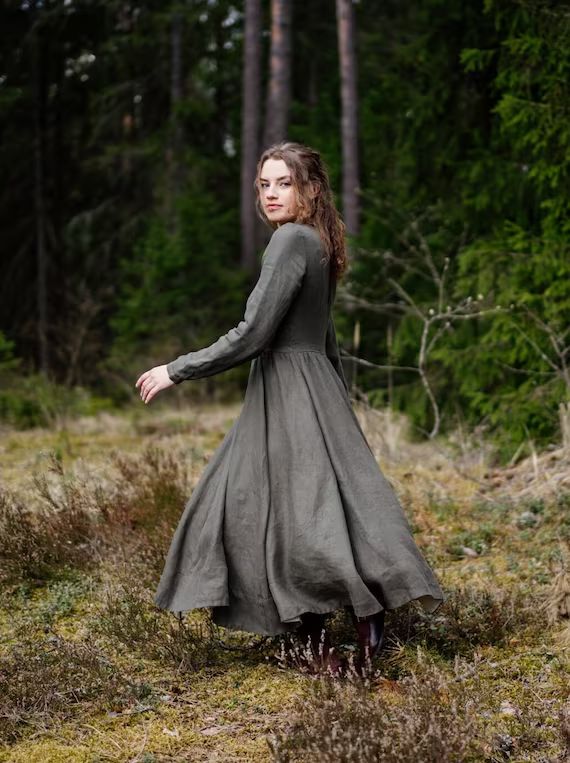 TWILL LINEN DRESS  Green Long Sleeve Dress Medieval Dresses - Etsy UK | Etsy (UK)