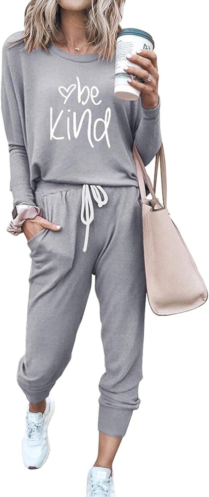 PRETTYGARDEN Women’s Solid Color Two Piece Outfit Long Sleeve Crewneck Pullover Tops And Long Pants  | Amazon (US)