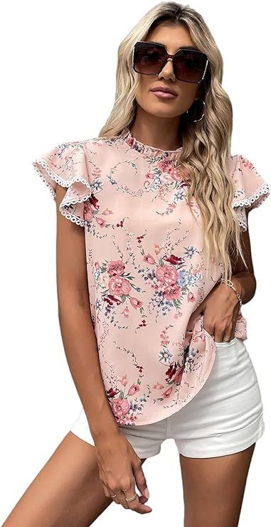Milumia Women Floral Frill Mock Neck Guipure Lace Flutter Sleeve Blouse Tops | Amazon (US)