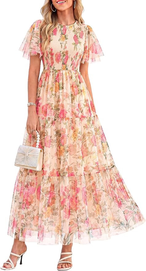 PRETTYGARDEN Women Tulle Floral Flowy Maxi Dress | Long Boho Dresses, Smocked Tiered A Line, Spri... | Amazon (US)