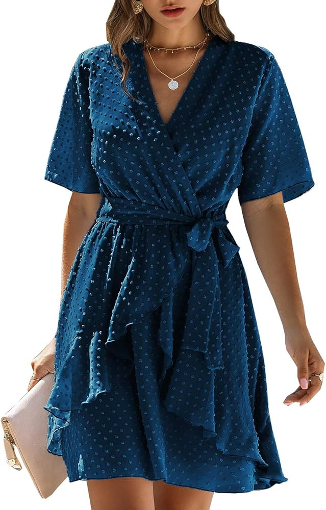 BTFBM Women Fashion Faux Wrap Swiss Dot V-Neck Short Sleeve High Waist A-Line Ruffle Hem Plain Belt  | Amazon (US)