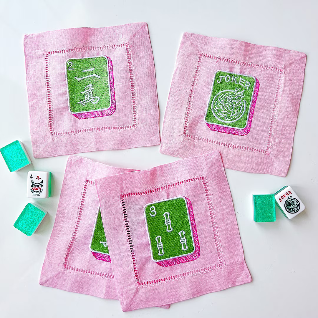 Mahjong Cocktail Pink Napkins Hemstitched Linen. 6x6. Set of 4. Joker, East, 2 Crak, 3 Bam. Embro... | Etsy (US)