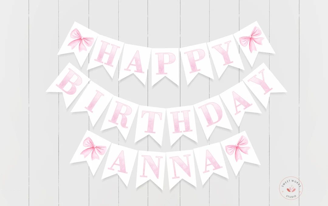 Pink Bow Happy Birthday Banner, Printable Download, Baby Name Banner, Girl Birthday Decoration, W... | Etsy (US)