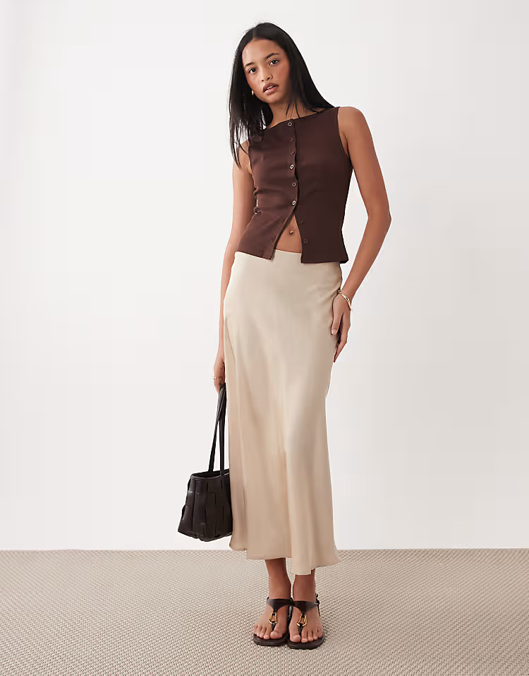 \u203a YAS satin midi skirt in mushroom | ASOS (Global)