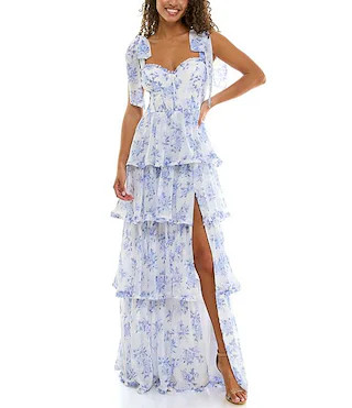 Floral Printed Tie Shoulder Sweetheart Neck Corseted Tiered Ruffle Long Dress | Dillard's
