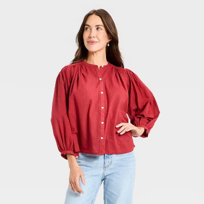 Women's Puff Long Sleeve Banded Collar Neck Blouse - Universal Thread™ | Target