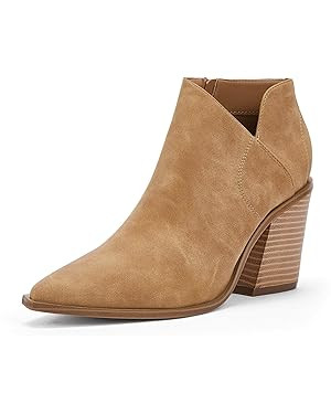 Womens Pointed Toe Ankle Boots Block Stacked Chunky Heel Cutout Side Zipper Fall Booties Shoe | Amazon (US)