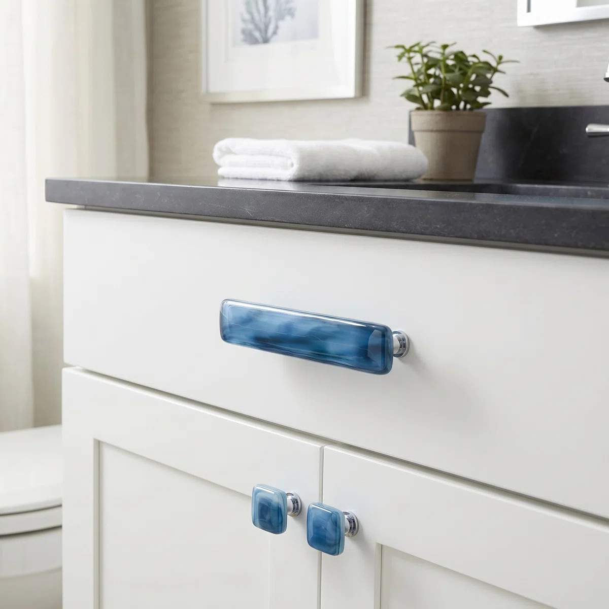 2" Length Marine Blue Square Decorative Glass Hardware Cabinet Long Knob | Wayfair North America