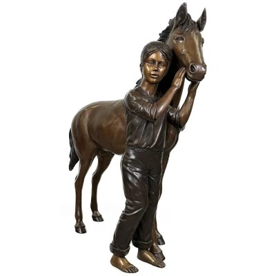 Bronze Girl Standing with Pony Sculpture | Perigold