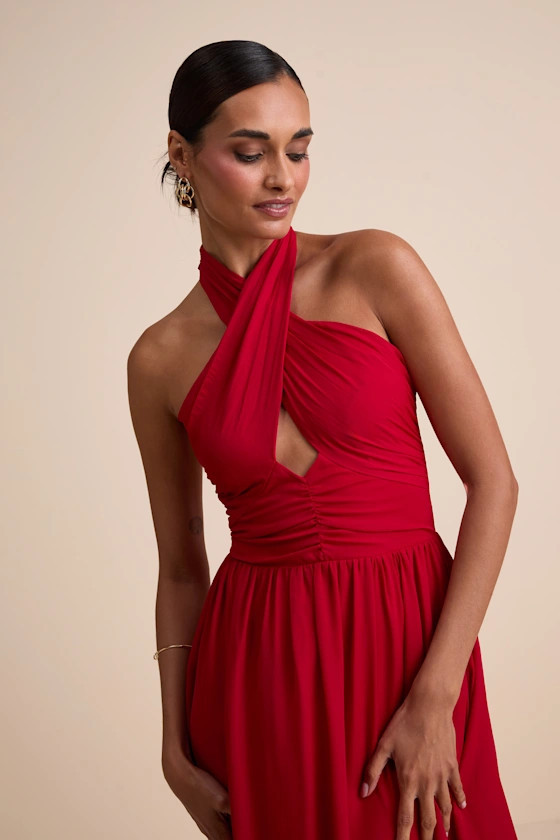 Emrah Red Cross-Front Cutout Halter Midi Dress | Lulus