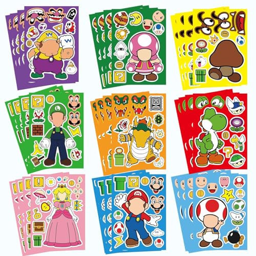 36 Sheets Mario Make a Face Stickers, Cartoon Book Crafts for Kids, DIY Party Supplies Favors Your Own Mixed and Matched with Different Designs Characters Birthday Gifts Class Reward Decor | Amazon (US)