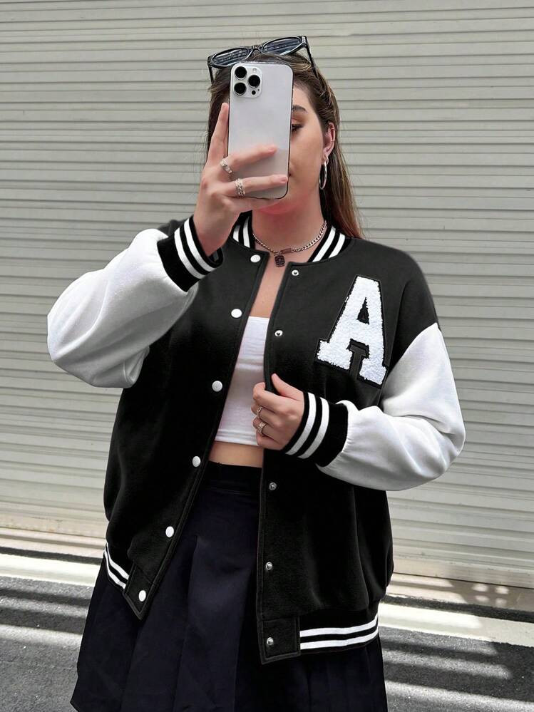 SHEIN MOOSTA Plus Size Color Block Letter Patch Baseball Jacket, Casual For Autumn/Winter | SHEIN