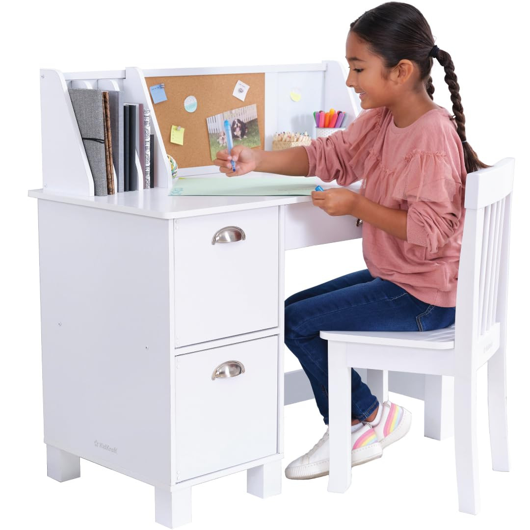 KidKraft Wooden Study Desk for Children with Chair, Bulletin Board and Cabinets, White | Amazon (US)